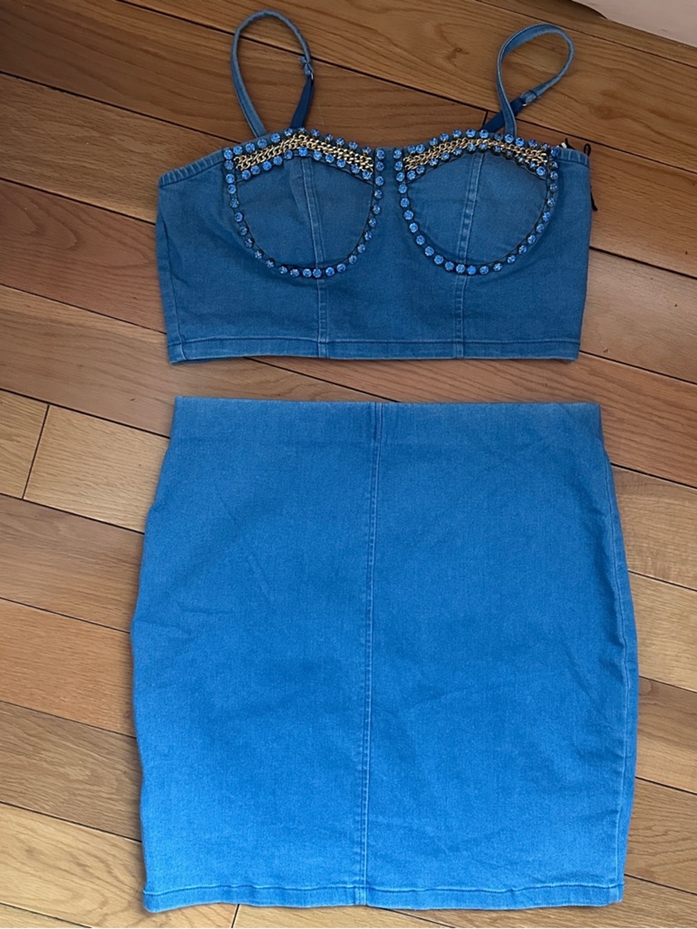 Haute Monde Blue Denim Two-Piece Skirt Set with Embellished Bust